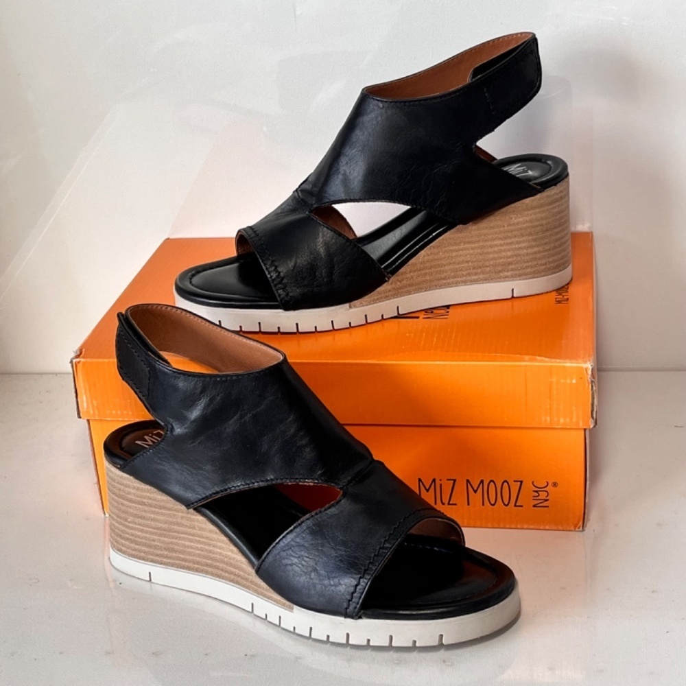 Miz Mooz Black Leather Wedge Sandals - Picture 5 of 8